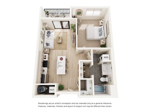 Floor plan for 1 bed, 1 bath, 732 sqft